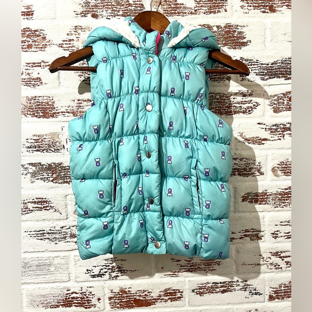 Girl’s Puffer Vest Double Deer Turquoise Owls Fleece Hooded Sz 7/8 Girls
